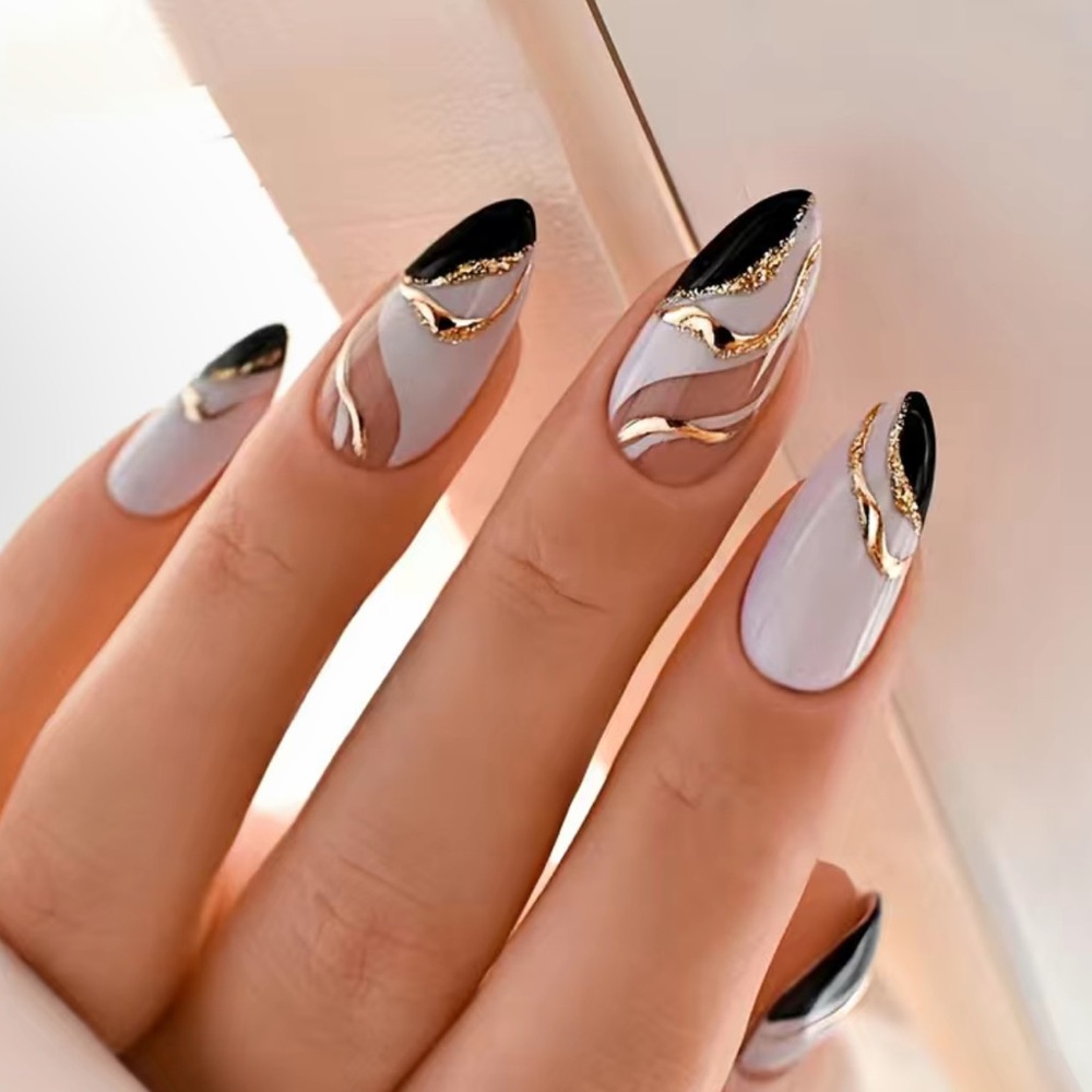 Medium Almond Nails, Black White And Golden Glitter Swirls